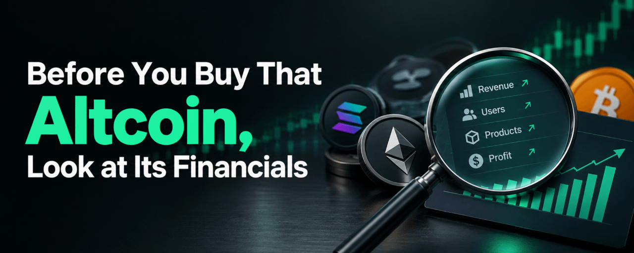 Before you buy that altcoin, look at its financials: a magnifying glass highlights revenue, users, products and profit