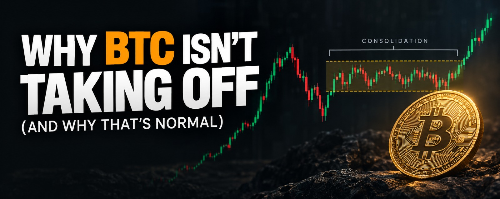 Why BTC isn't taking off and why that's normal: a Bitcoin coin beside an illustrative candlestick chart with a marked consolidation range