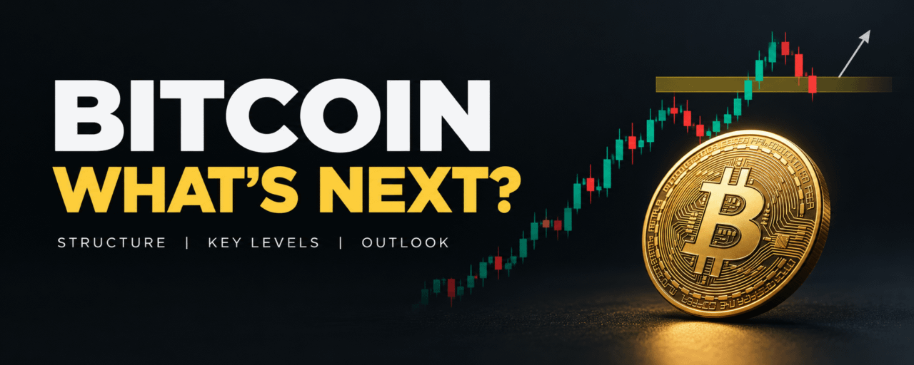 Bitcoin: what’s next? A Bitcoin coin beside an illustrative candlestick chart, with structure, key levels and outlook