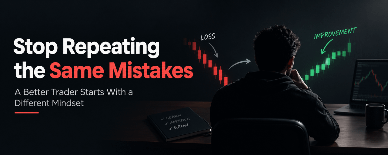 Stop repeating the same mistakes: a trader at a desk beside illustrative loss and improvement candlesticks